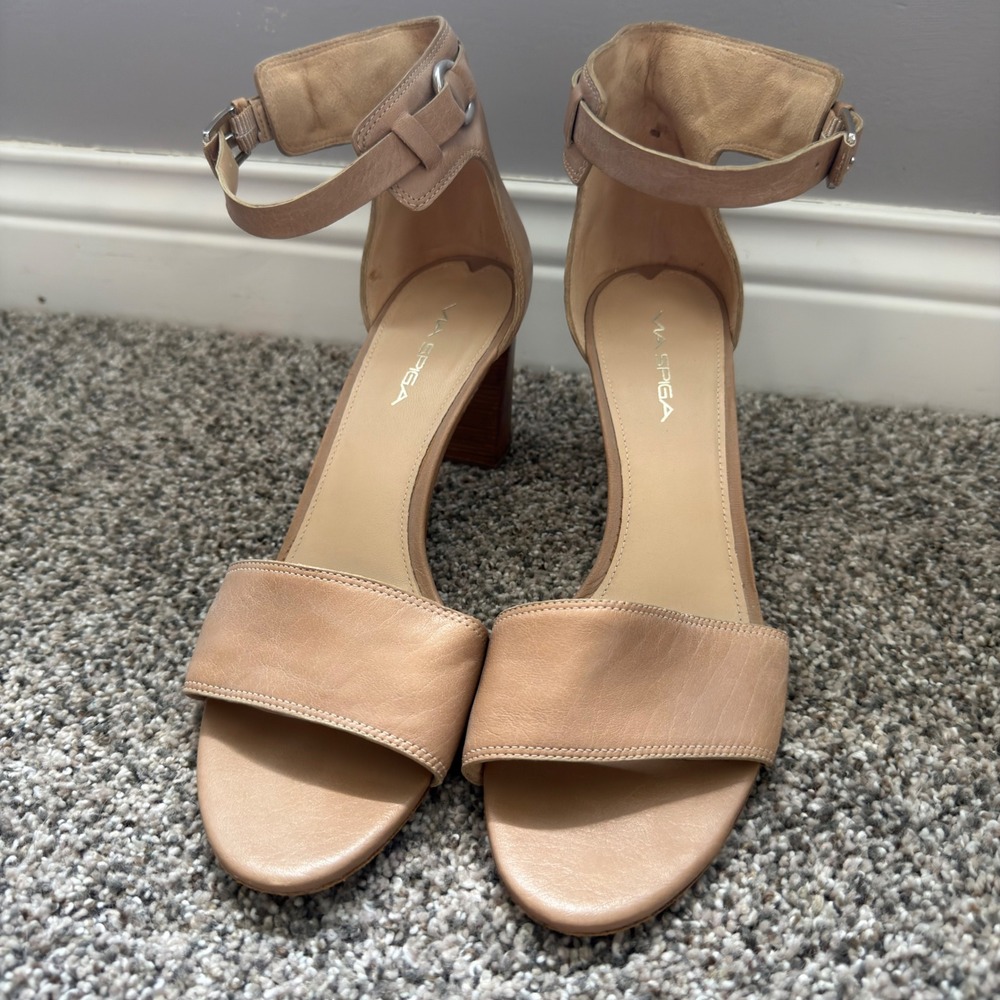 Via Spiga Nude Leather Ankle Strap Block Heel Tan Size 10M Italian Design